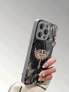 1PC Luxury Black Floral Phone Case, Rhinestone Cross Angel Wings Design, Silver Electroplated Tempered Glass Back Panel Anti-Drop Protective Shell, High-End Texture Protective Case Suitable For Apple Air 17/16e/16Pro/16ProMax/16Plus/15/15Plus/15ProMax, 14/14Plus/14Pro/14ProMax, 13/13Pro/13ProMax, 12/12Pro/12ProMax, 11/11Pro/11ProMax And Other Models, Suitable For Personal Use Or Gift - Multicolor - View 4