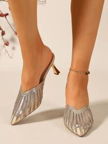 Women's Mesh Rhinestone Pointed Toe High Heel Closed Toe Sandals, Glitter Striped Hollow Out Kitten Heel Slip-On Party Stiletto Slippers - Gold - View 6