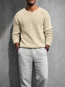 Men Solid Waffle Knit Sweater V Neck Long Sleeve Loose Fit Casual Pullover Top - Brown - View 2