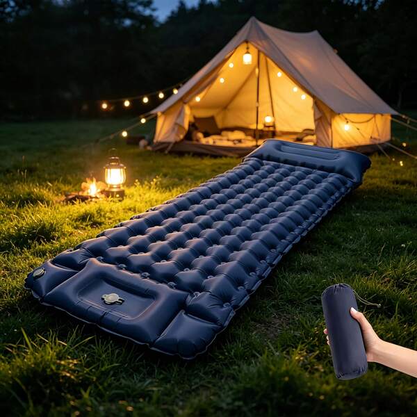 Matelas pneumatique extra large et épais en TPU, pompe à pied intégrée, matelas gonflable simple à motif de diamant imperméable à l'humidité, convient pour le camping en plein air, la tente, le pique-nique, les voyages (style/couleur expédiés au hasard)