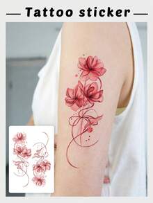 1 Sheet Red Watercolor Floral Temporary Tattoo Stickers, Delicate Magnolia With Ribbon Bow Design Fake Tattoos Waterproof Upper Arm Body Stickers Elegant Women Dating Vacation Styling - Multicolor - View 1