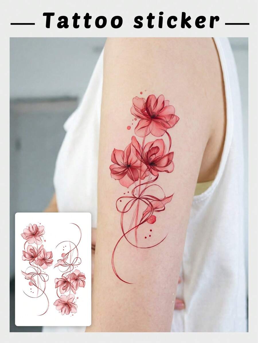 1 Sheet Red Watercolor Floral Temporary Tattoo Stickers, Delicate Magnolia With Ribbon Bow Design Fake Tattoos Waterproof Upper Arm Body Stickers Elegant Women Dating Vacation Styling - Multicolor - View 1