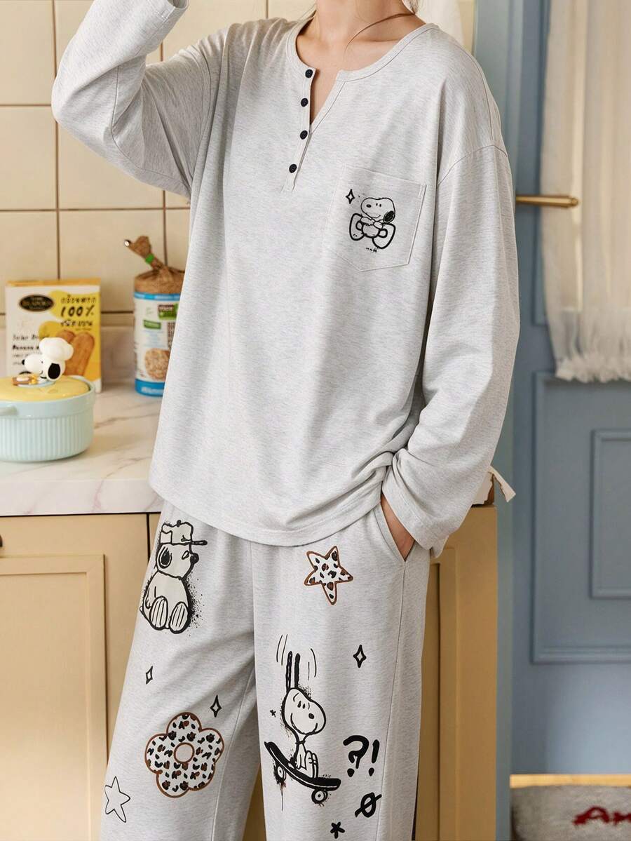 Gongdie 2 Pieces Snoopy Women Pajama Set,Fall Gray Soft Cotton Loungewear With Henley Neckline And Doodle Cartoon Print - Light Grey - View 1