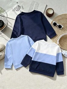 3pcs/Set Kids Pony Embroidery Crew Neck Sweatshirt, Boys Spring Autumn Colorblock Patchwork Long Sleeve Top, Soft Casual Pullover, Versatile Outwear For Little Boys - Multicolor - View 2