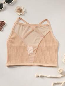 CELILIN Women's Halter Mesh Seamless Bra, Ribbed Crisscross Back Crop Tank Top For Summer Outfits, Yoga & Casual Wear - Apricot - View 5
