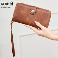 MIYIN RFID 防盜刷蠟皮長款手腕包錢包,按扣拉鍊多卡夾層錢包,多功能文件護照夾附手提帶 - 彩色 - 查看 18