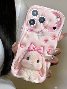 1 buah Casing Ponsel Motif Kotak-kotak Pink Tepi Bergelombang dengan Cetakan Ceri, Pelindung TPU Lembut Tahan Guncangan, Casing Ponsel Motif Kelinci Pink Lucu + Pita + Bulan Kompatibel dengan Ponsel Seri 1 - Putih - View 3