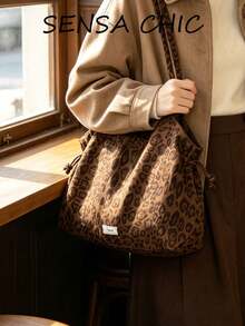 Bolso Tote de Lona de Algodón Grueso Cepillado con Estampado Integral de Leopardo Marrón Vintage, Decoración de Etiqueta de Tela con Nudo y Cordón Lateral, Gran Capacidad, Boca Abierta, Estilo Retro Americano Hot Girl, Bolso de Hombro, Bolso de Mano, Bolso de Axila, Correa Larga, Adecuado para Escuela, Desplazamientos, Viajes Cortos, Atuendo de Otoño/Invierno, Bolso Dumpling con Estampado de Leopardo de Vibra Relajada - Marrón - Ver 5