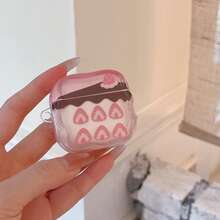 Pink Soft Series Cute Strawberry Chocolate Cake Pattern Full Coverage Wavy Edge Earphone Case Protective Cover + Pink Ring, Compatible With For Apple For Airpods 4/For Airpods Pro New/Pro 2/Pro 3, Suitable For Women - Pink - View 6