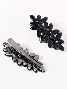 2pcs Black Rhinestone Leaf Spring Hair Clips, Vintage Dark Style Side Bangs Clips, Alloy Rhinestone Studded Hair Accessories - Black - View 7