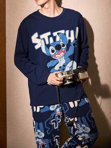 Gongdie 2 Pieces Disney Stitch Men Pajama Set,Fall Navy Soft Cotton Loungewear With Pocket - Navy Blue - View 1