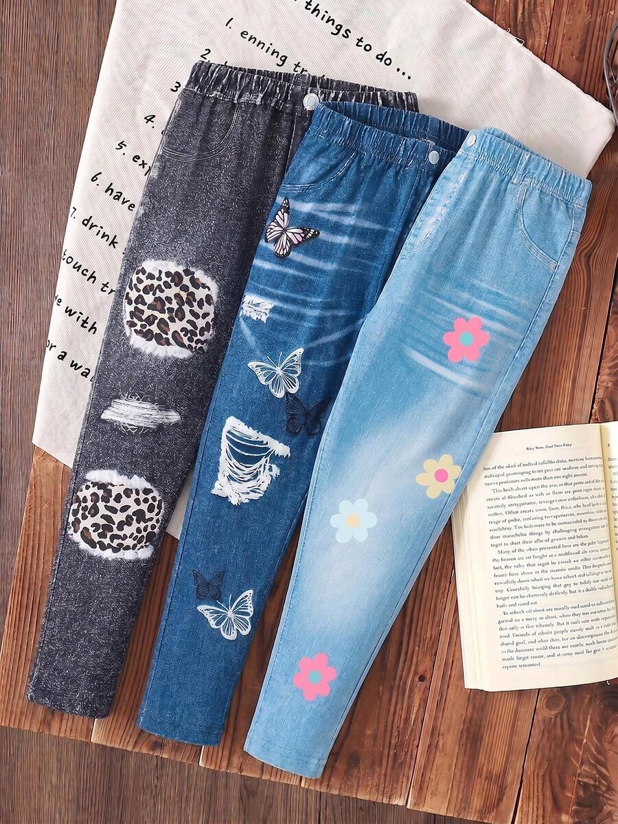 3pcs/Set Young Girls Butterfly Print Slim Fit Pants - Black - View 1