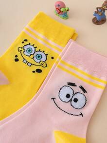 SpongeBob SquarePants 2 đôi tất nữ cao cổ giữa bắp chân họa tiết biểu cảm cá tính vui nhộn dòng SquarePants - Nhiều màu - Xem 4