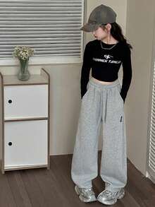 Girls Casual Loose Pants, Fashion Versatile Straight Leg Trousers For Tween Girl, Suitable For Autumn & Spring - Grey - View 3