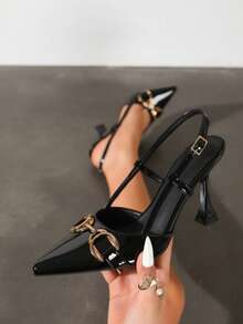 Metal Chain Pointed Toe Slingback Pumps, Plus Size Wide Fit Black Flared Heel Women's Shoes - Black - View 1