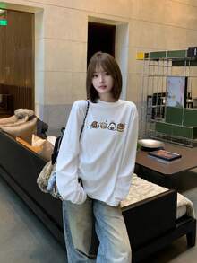 Sweet Casual Round Neck Women's T-Shirt, Cute Sushi Rice Ball Print, Autumn Lazy Versatile Long Sleeve Base Layer White - White - View 4