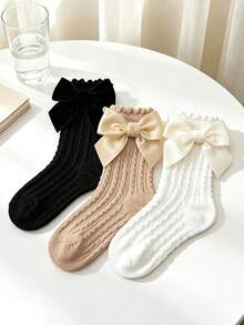 3 Pairs Women's/Girls' Bowknot Decorated Cable Knit Simple Socks, Suitable For Primary And Middle School Students To Match School Uniform - Multicolor - View 8