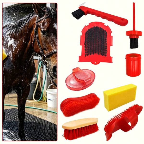 8pcs Horse Grooming Tools Set, Horse Brush, Comb, Hoof Pick, Equestrian Horse Fur Care Cleaning & Grooming Stable Wash Tools