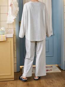 Gongdie 2 Pieces Snoopy Women Pajama Set,Fall Gray Soft Cotton Loungewear With Henley Neckline And Doodle Cartoon Print - Light Grey - View 6