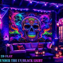 2D Flat, One-Piece QD_VIVIOS UV Fluorescent Reactive Tapestry, Suitable For Halloween, Featuring Skull And Mandala Patterns, A UV Blacklight Wall Hanging That Glows Under Ultraviolet Light - Multicolor - View 6
