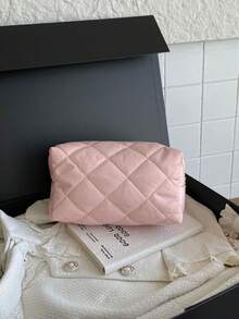 Fashionable Multi-Purpose Quilted Embroidered Grid Padded Makeup Bag, Student Pencil Case, Diamond Quilted Pattern, Solid Color Design, Casual Handbag, Warm Down-Filled Small Bag - Pink - View 8