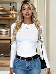 Women's Solid Color Round Neck Casual Daily Long Sleeve T-Shirt - Black and White - View 2