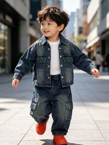Boys' Loose Fit Denim Jacket & Denim Cargo Pants 2 Pieces Set, Autumn Back To School Outfit For Daily Wear And Outdoor Activities - Blue - View 3