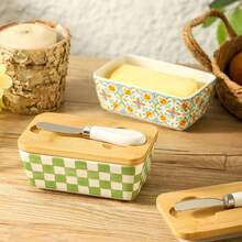 1 Set Ceramic Butter Dish With Bamboo Lid And Knife, Airtight Silicone Seal Butter Box, Suitable For Kitchen Countertop And Refrigerator, Perfect Baking Gift - View 2