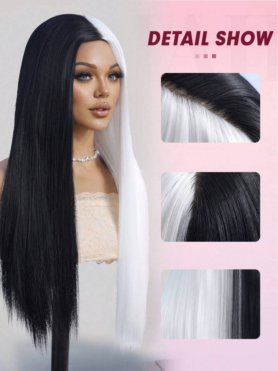 24 Inches Black White Wig Long Straight Wig Black Middle Part Wigs Long Wigs For Daily Party Halloween Wig - Black and White - View 1