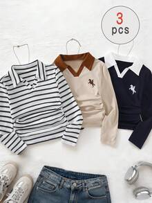 Setelan 3 Potong Kemeja Polo Gaya Preppy untuk Anak Perempuan, Kaos Lengan Panjang Kerah Bergaris & Polos, Pakaian Kasual Lucu untuk Anak Perempuan Remaja Musim Gugur dan Musim Semi - MultiWarna - View 2