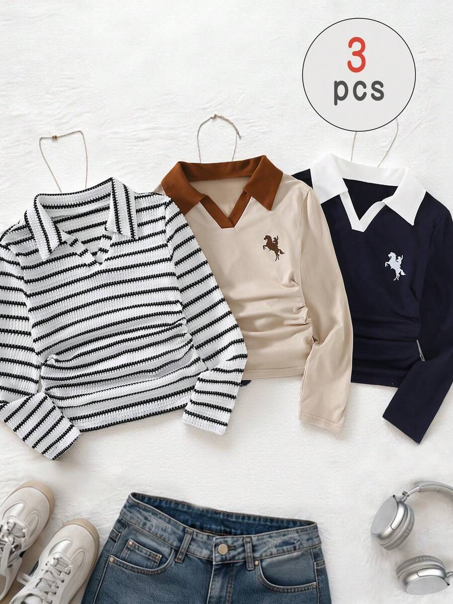 Set 3 Potong Kaos Polo Lengan Panjang Rajut Waffle untuk Remaja Perempuan, Atasan Kerah V dengan Detail Kerut di Samping dan Motif Kuda, Paket Kaos Dalaman Kasual Gaya Preppy untuk Sekolah - MultiWarna - View 1