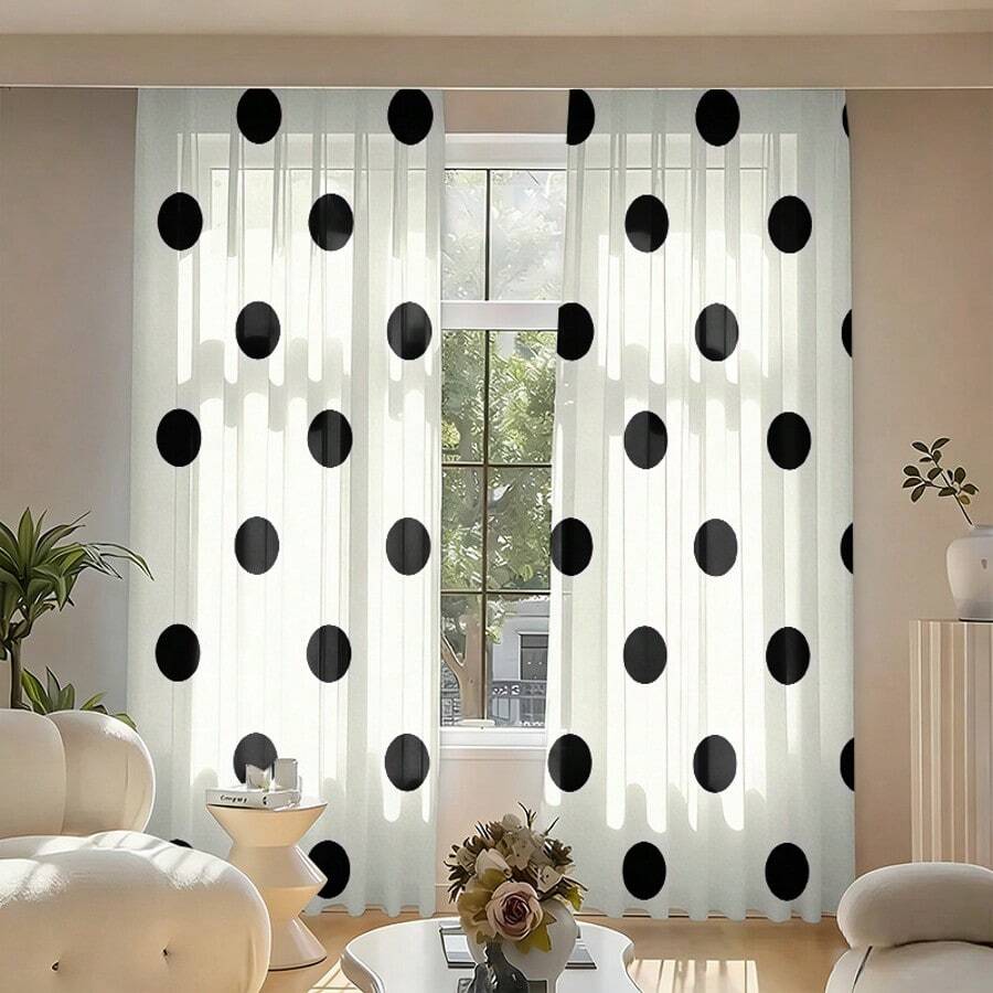 2 piezas Cortinas con estampado de lunares grandes en blanco y negro, impresión de un solo lado, semi-opacas - Cortinas con bolsillo para barra, decoración para dormitorio, sala de estar, cocina, múltiples tamaños disponibles, protección de privacidad, lavables a máquina, resistentes a la decoloración (barra no incluida) - Multicolor - Ver 1