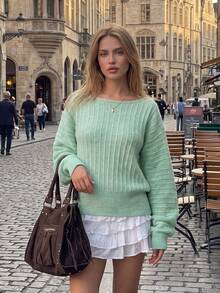 Autumn Ladies Mint Green Pullover Sweater Wide Boat Neck Oversized Puff Long Sleeve Rib Knit Halloween Costume - Mint Green - View 9