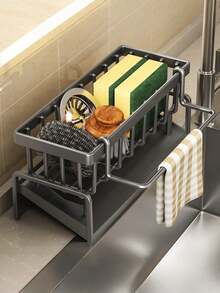 1pc Kitchen Sink Sponge Organizer, Self-Draining Sink Storage Box With Removable Tray, Dish Sponge Holder, Soap Dispenser Brush Rack, Suitable For Bathroom, Black With Handle - Multicolor - View 6