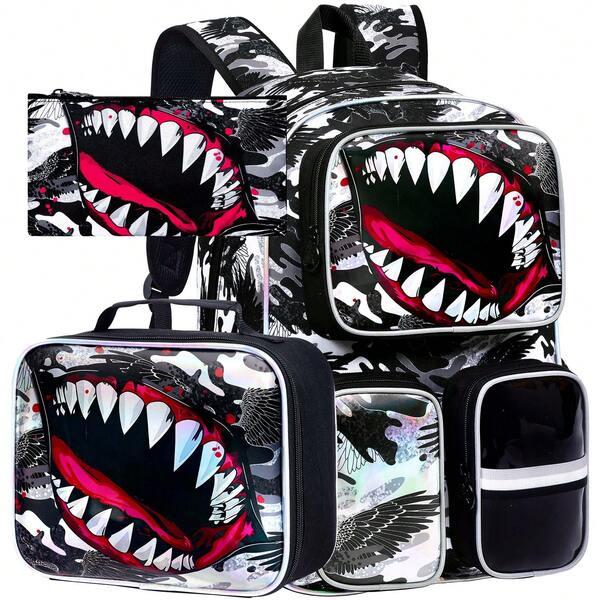 3PCS Boys Polyester 3 Front Pockets Buckle Zipper Cool Backpack Set With Handbag & Pen Pouch For School Daily