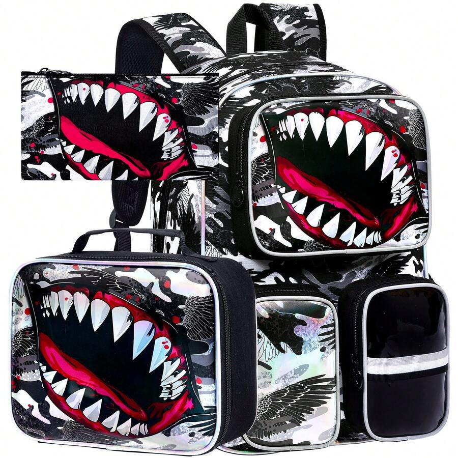 Set Ransel Keren 3 Buah untuk Anak Laki-laki, Bahan Poliester, 3 Kantong Depan, Resleting Gesper, Tas Tangan & Tempat Pena untuk Sekolah dan Sehari-hari - Hitam - View 1