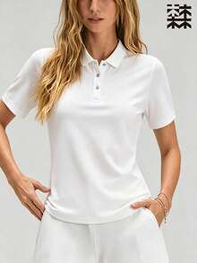 mulinsen 女款純色 Polo 領短袖襯衫，休閒運動日常夏季長袖上衣 - 月光白 - 查看 5