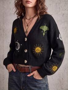 女款休閒波希米亞風刺繡黑色針織開襟衫，V領長袖前扣式開襟衫，適合秋冬穿著 - 黑色 - 查看 1
