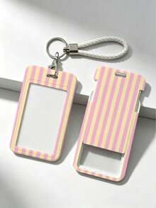 New Minimalist Striped Pattern (Random Print Distribution) Card Holder (Card Holder + Keychain), Suitable For Student ID, Meal Card, Bus/Metro Card And Access Card, With Bag Hanging, Keychain, Wallet And Bank/Credit Card Storage Functions, Equipped With Sliding Cover Design And Lanyard, Made Of Durable Plastic Material, Sturdy And Long-Lasting, Effectively Protects Work ID, Essential For Holiday Travel And University Life - Multicolor - View 5