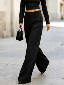 1pc Women's Fashion Commute Woven Fabric Casual Flare Leg Suit Pants Office Daily Work Black Trousers Spring Autumn - Black - View 7