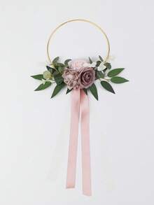 1Pc Gold Hoop Wedding Bouquet With Artificial Roses&Eucalyptus, Satin Ribbon Lace, Bridesmaid Circle Flower Hoop For Wedding Ceremony Photo Prop - Multicolor - View 9