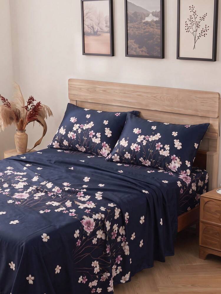 4-Piece Navy Blue Peach Blossom Pattern Bedding Set, Easy Care Soft Bedding Set, Floral Fitted Sheet Set (1 Flat Sheet + 1 Fitted Sheet + 2 Pillowcases), Deep Pocket Up To 11.8 Inches, Soft Breathable Back To School Dorm Bedding Set - Navy Blue - View 6