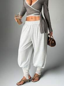 Women's Casual Versatile Solid Color Lantern Pants, White Summer Vacation Sports - Light Grey - View 5