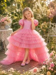 KAFEIBEI Young Girls Elegant Sequin Flower Girl Dress, Layered Tulle High-Low Princess Gown For Wedding, Birthday Party, Pageant & Formal Events - Dusty Pink - View 2