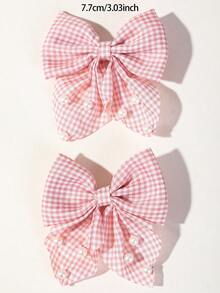 4/1pc Pink Plaid Fabric Pearl Bow Hair Clips Cute Little Princess Hair Accessories Alligator Hair Clips Non-Damaging For Daily Use - Pink - View 5