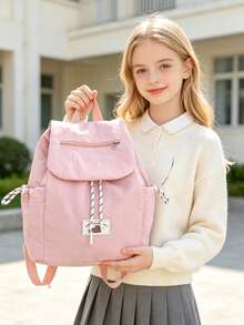 1 pieza Mochila de estudiante con colgante de peluche de unicolor y cordón, gran capacidad, mochila ligera para uso diario en el campus, accesorio de moda, adecuada para niñas/adolescentes/estudiantes, aplicable para escuela, trabajo, uso diario, viajes - Multicolor - Ver 7