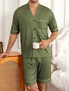 Men's Summer Thin V-Neck Cardigan Style Solid Color Pocket Short Sleeve Shorts 2-Piece Set Minimalist Premium Comfortable Loungewear Set - Multicolor - View 4