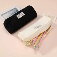 Minimalist Pure Black Canvas Pencil Case, Cute Cartoon Label Pencil Pouch, Large Capacity Stationery Storage Bag, Simple Portable Makeup Bag, Student Aesthetic Stationery, Daily Back To School Gift - Multicolor - View 7