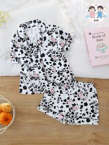 2pcs/Set Tween Girl Cute Casual Cartoon Cow Print Polo Collar Short Sleeve Cardigan And Shorts Pajama Set, Flame Retardant, Suitable For Boys And Girls - Multicolor - View 2