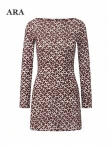 ARA CHIC Women's Printed Long Sleeve Mini Dress, Round Neck Fitted Ruffle Hem Skirt, Vintage Circular Pattern Bodycon Dress, Casual Outing Party Outfit - Coffee Brown - View 11